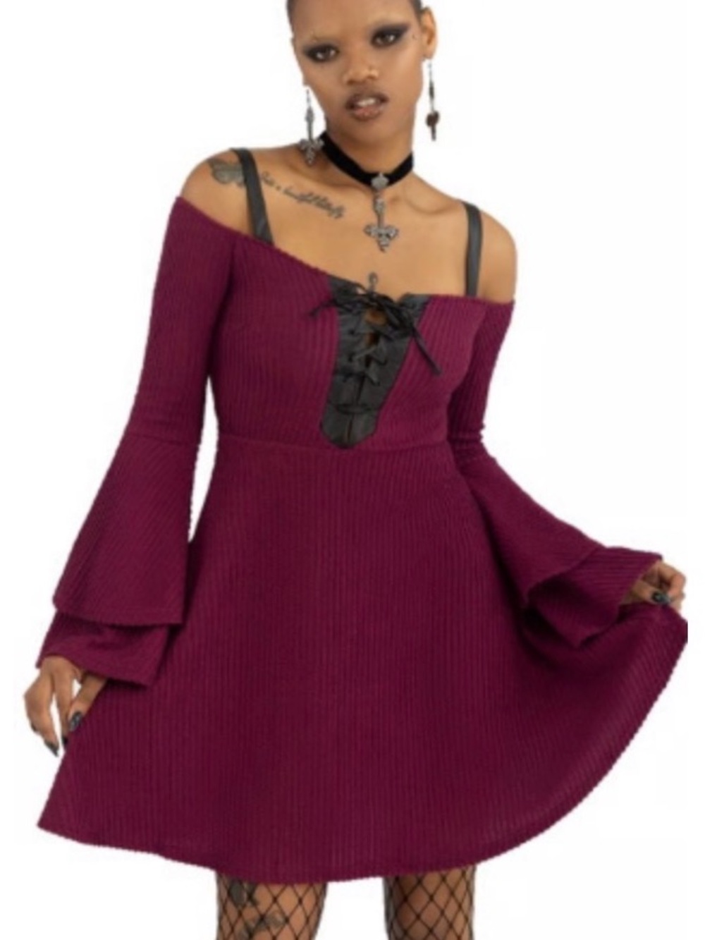 Killstar 🖤 Burgundy 🥀 Off-Shoulder Lace-Up Bell Sleeve Dress NWT